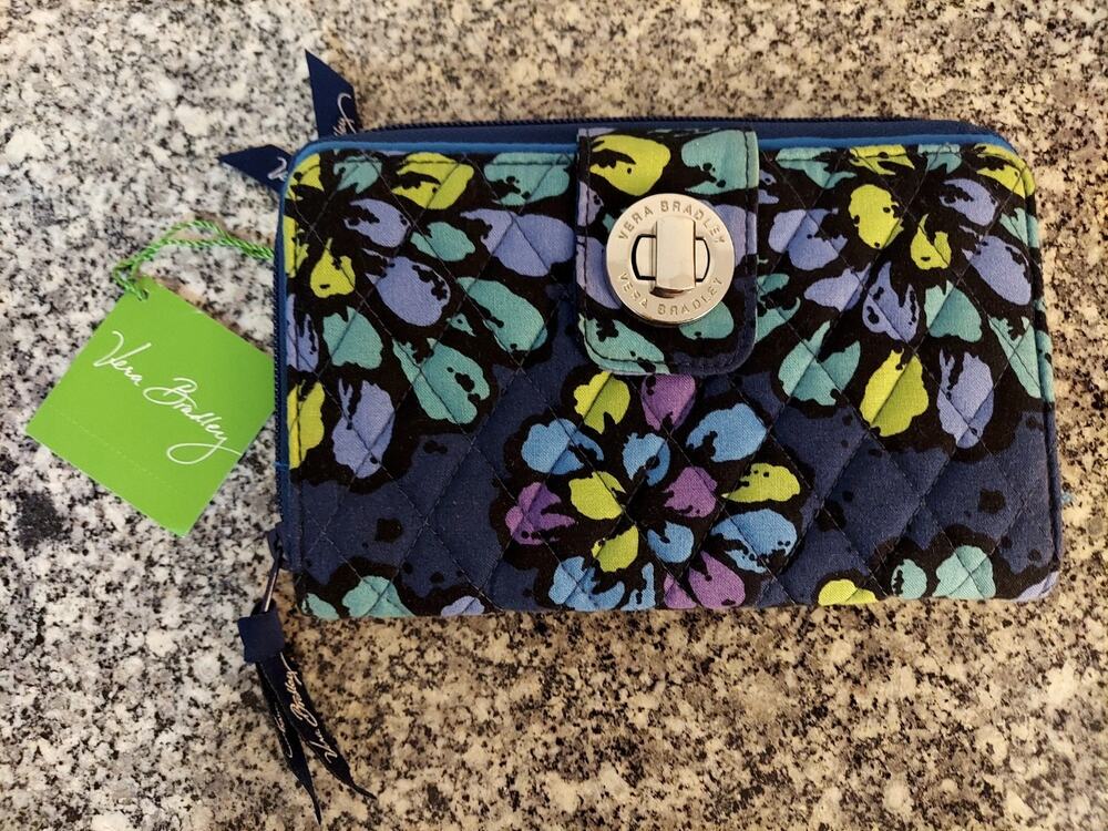 Vera Bradley Retired Turnlock Wallet Indigo Pop Blue Teal Quilted Cotton NWT